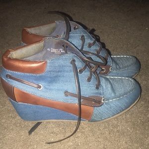 Denim ankle booties with with light and Chaco brown mix